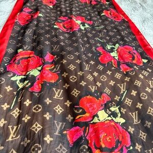 Louis Vuitton Red Floral Brown Scarf